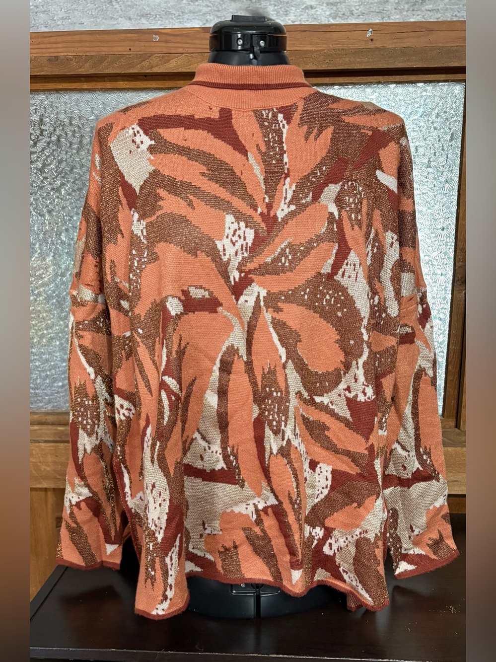 Entro Women’s Mock Neck Orange Oversized Sweater Size S Has metallic threading